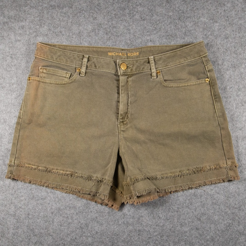 Michael Kors Olive Green Denim Shorts Frayed Hem Stretch Sz 8